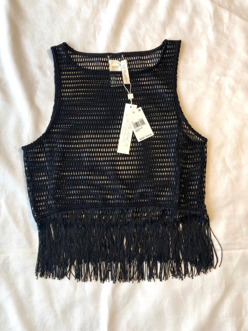La Blanca Fringed Out Tank Top Swim Coverup Sheer Mesh Womens XS Black NWT